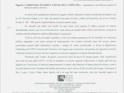 Il 14 gennaio scorso la Soprintendenza ha risposto con una lettera a uno studente barese che chiedeva delucidazioni in merito agli abbattimenti di Ceglie del Campo...